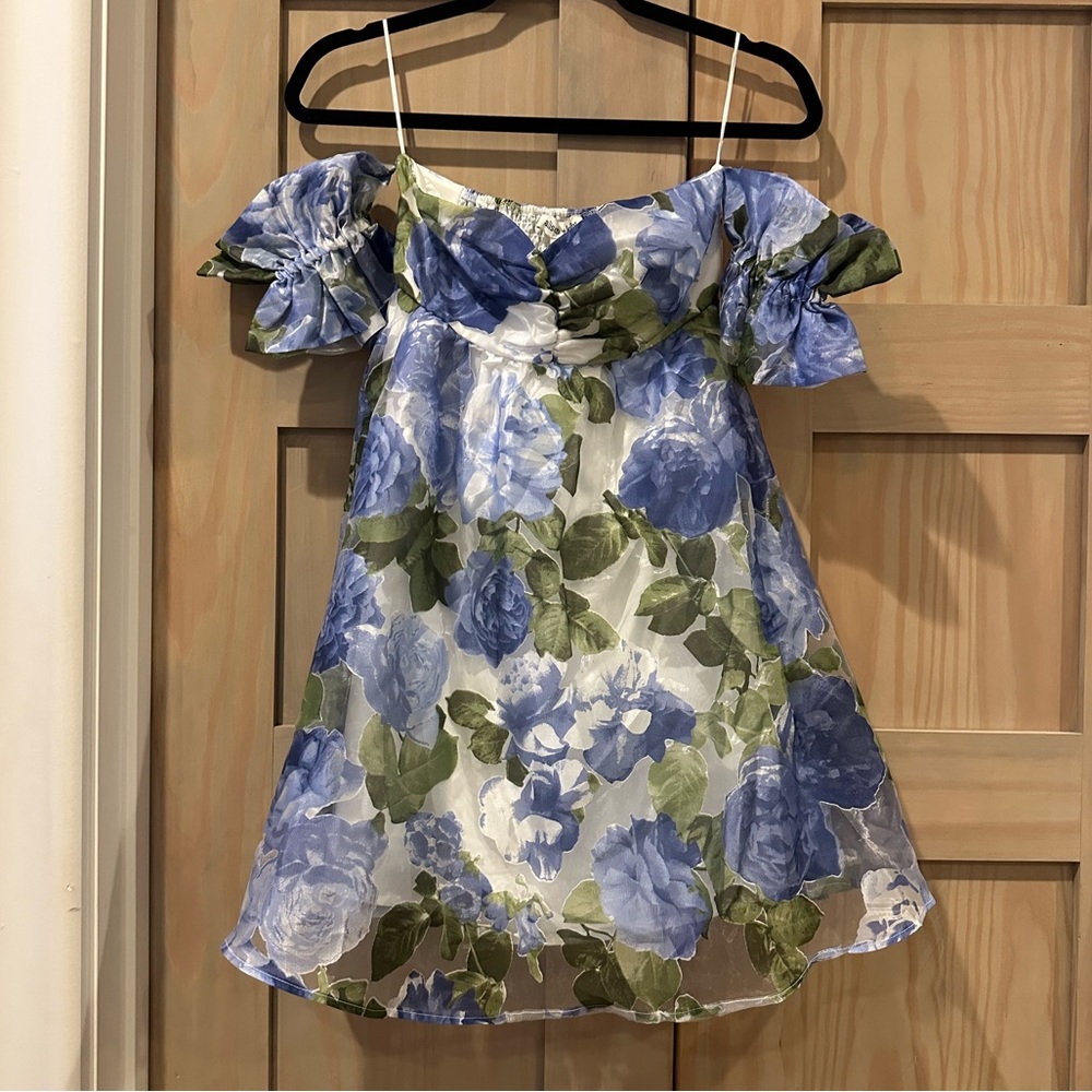 Blue Floral Off-Shoulder Mini Dress with Green Leaf Accents